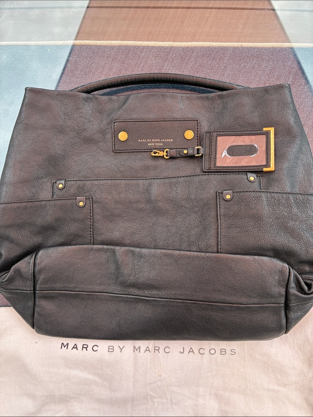 Marc by Marc Jacobs Black Leather Shoulder Tote with Gold Accents